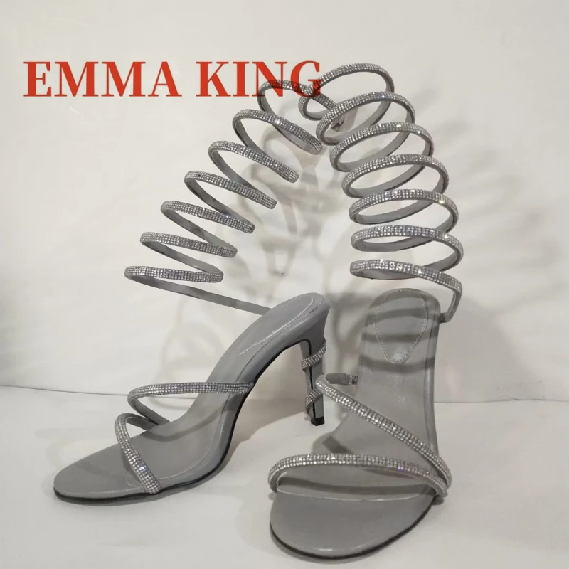 المرأة حجر الراين الكاحل لف الصنادل جولة تو الخنجر الكعوب الصيف الصنادل مثير كريستال ديكور ملهى ليلي فستان أحذية 43