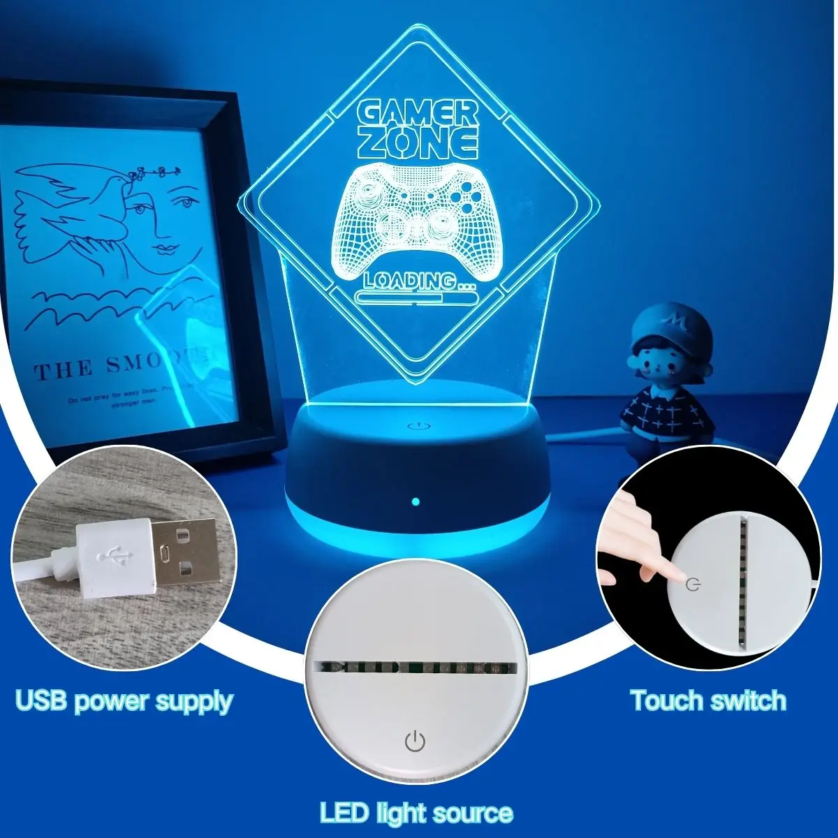 1pc game themed modern colorful night light, touch switch with seven color conversion, USB powered luminous base, a great gift