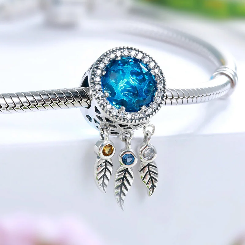 925 Sterling Silver Dreamcatcher Blue Stone Beads Fit Authentic European Charms Bracelet Diy Fine Jewelry Making for Women Gift