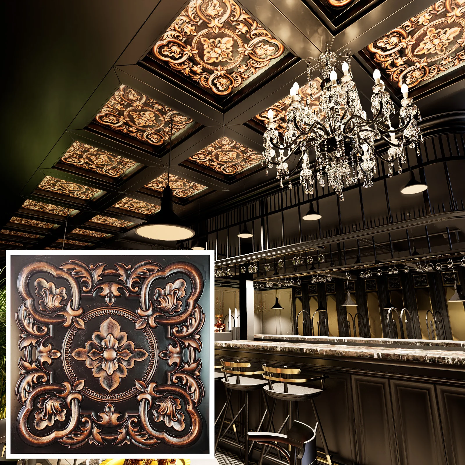 Plastic Ceiling Tile Faux Tin Painted 3D Embossed Wall Panels for Cafe Club Salon PL30 Traditional copper 10PCS