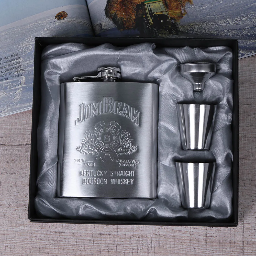 8oz Sliver Portable 304 Stainless Steel Hip Flask Flagon Whiskey Vodka Wine Pot Set Outdoor Drinking Alcohol Bottle Cup Gift Box