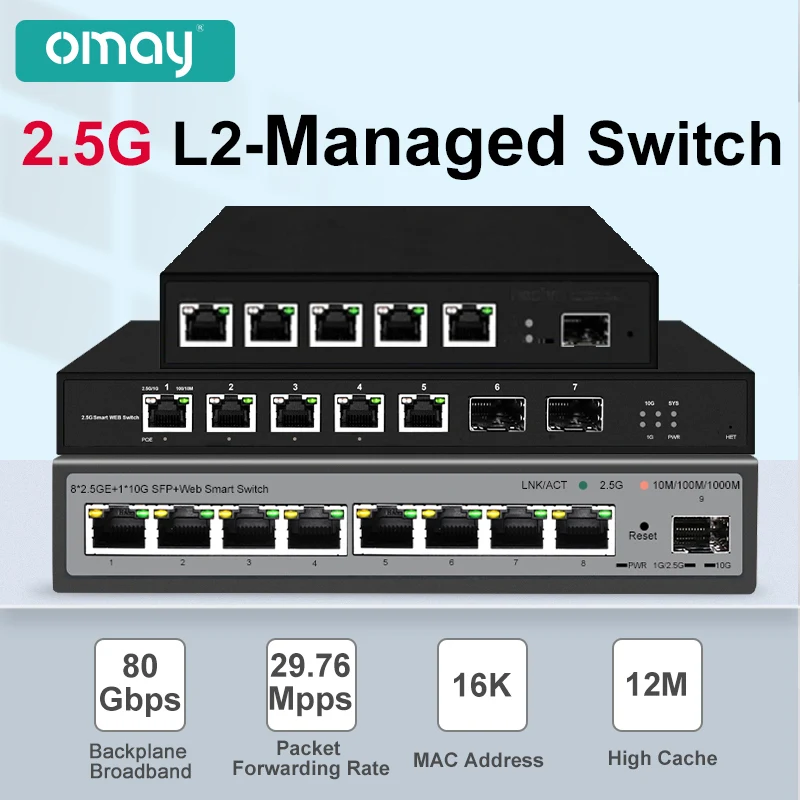 OMAY 5/8 Port L2 Web Managed 2.5Gps Switch Smart Web 2500Mbps with 2*10G Uplink SFP+ L2 Managed Switch