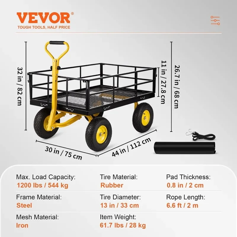 Steel Garden Cart, Heavy Duty 500/900/1200/1400 Lbs Capacity, with Removable Mesh Sides To Convert Into Flatbed