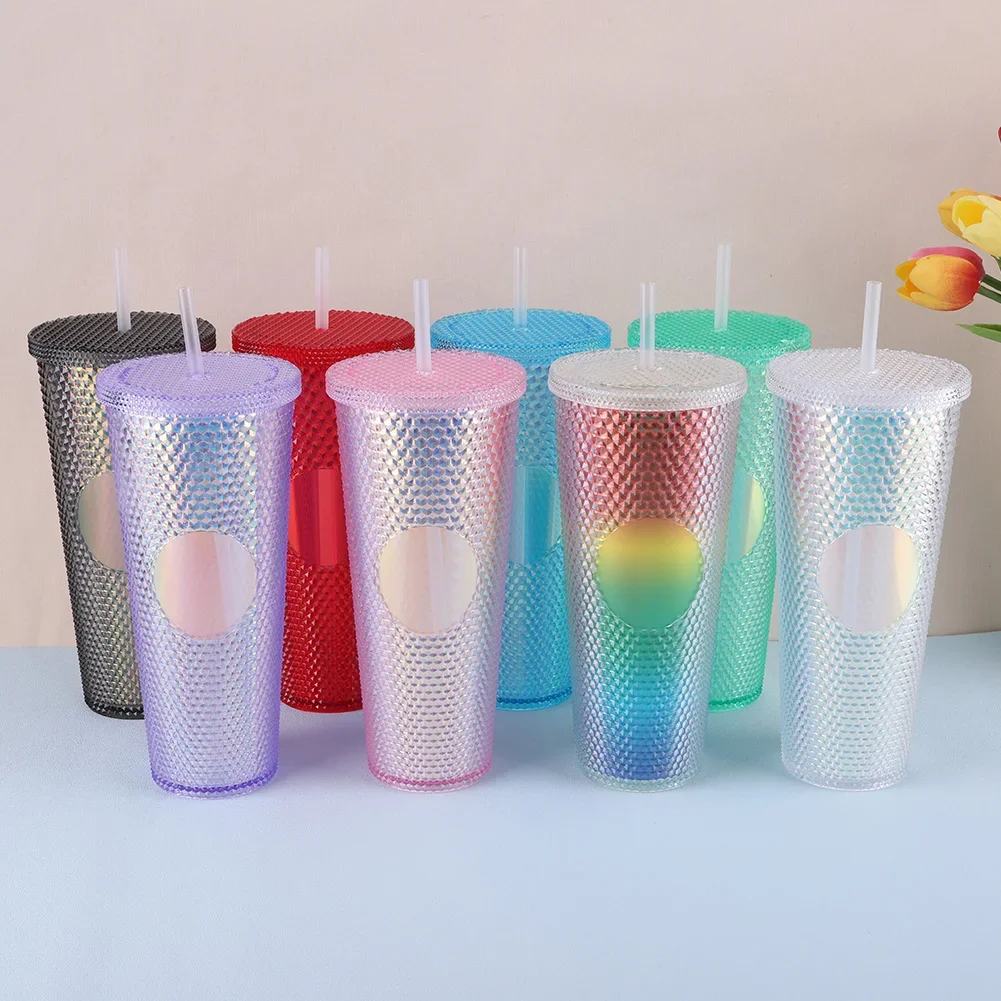 710ml Straw Cup with Lid Studded Finish Double Wall Coffee Mugs Plastic Studded Durian Tumblers Cold Bling Cup Customized