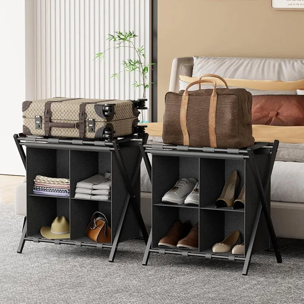 Guest Room Folding Luggage Rack Suitcase Stand with Fabric Storage Rack Compact Steel Holder Easy Packing Unpacking