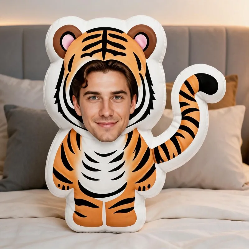 Custom Photo Tiger Costume Shaped Pillow, Personalized Face Decorative Cushion with Smiling Expression, Unique Home Decor Accent
