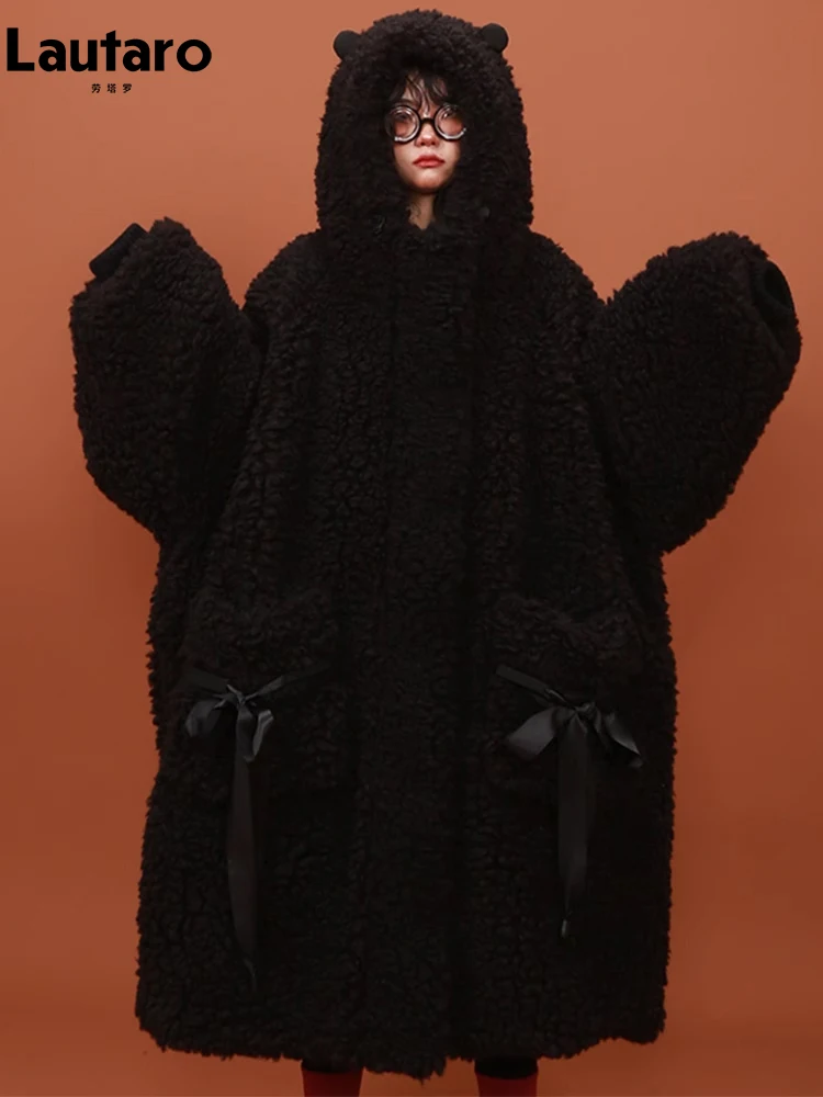 Lautaro Winter Long Oversized Cute Black Warm Fuzzy Faux Fur Coat Women with Bear Ears Kawaii Loose Fluffy Jacket Hoodie 2023