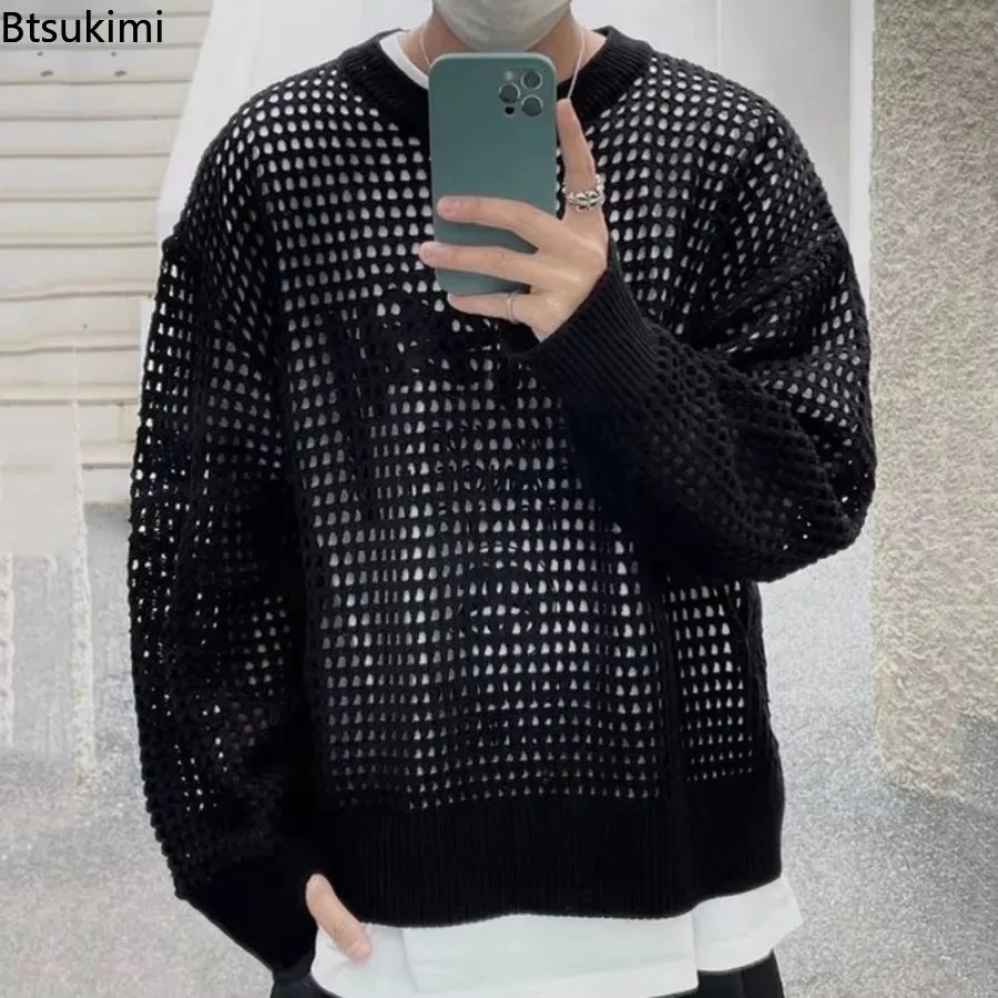 New 2025 Men's Black Long Sleeve KnittedTop Sweaters Clothes Hollow Out Fishnet Mesh Style Knit Retro Sweater Casual Male Tops