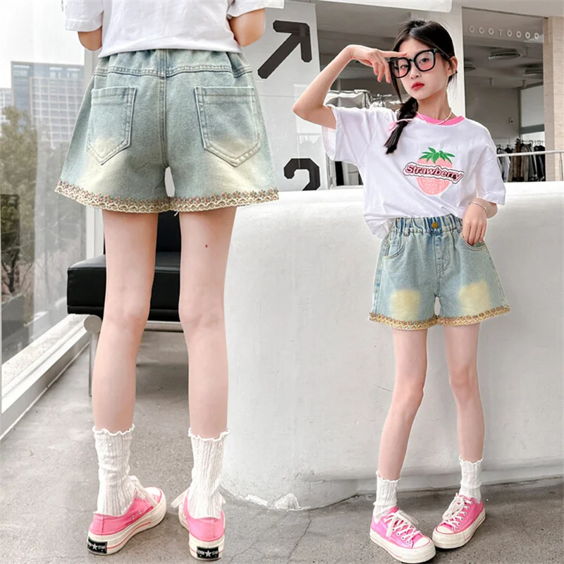 Girls' summer denim shorts 2024 new model 6-12 years old 15 years old large children with foreign casual thin pants