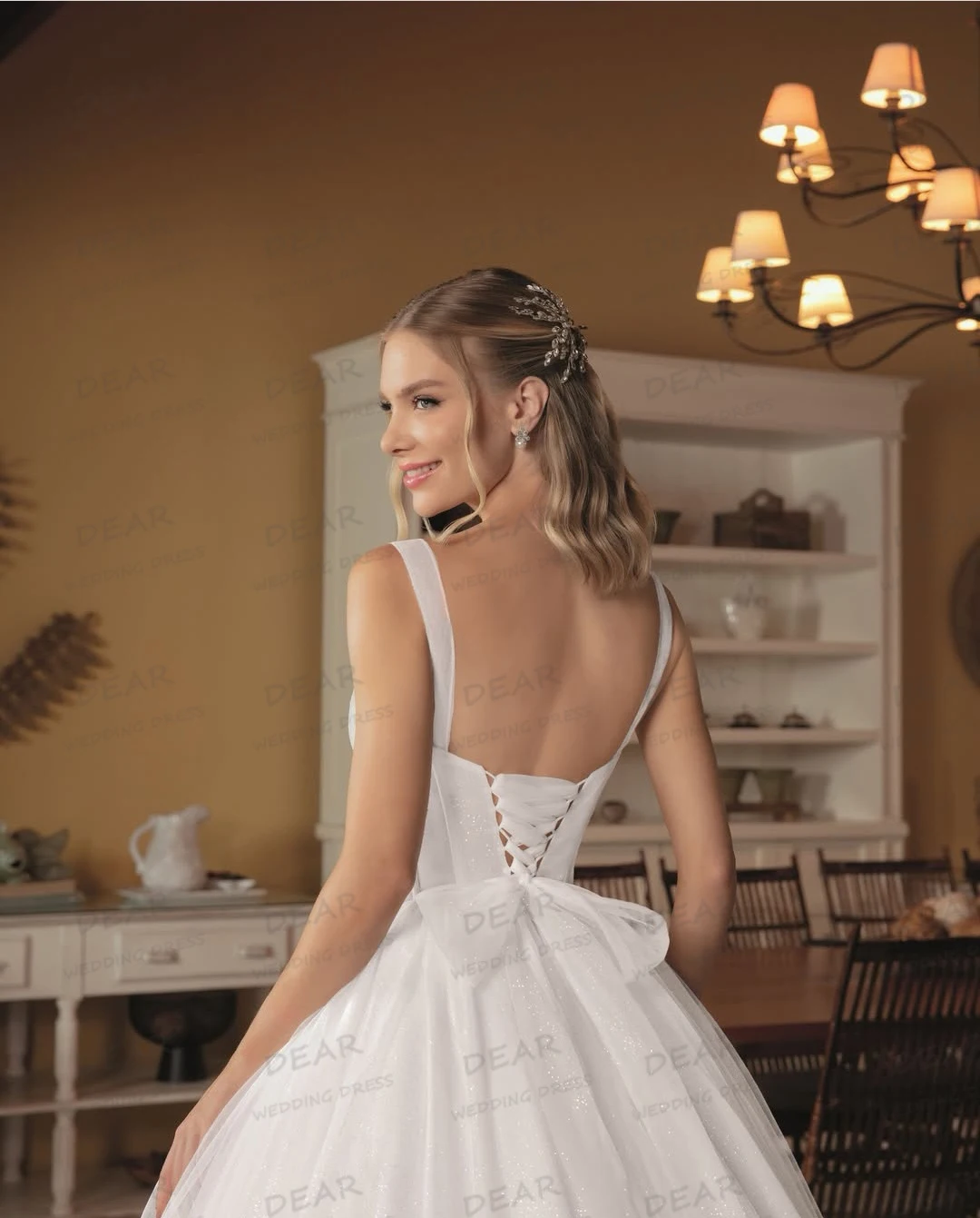 간단한 반짝이는 웨딩 드레스 여성용 A라인 민소매 튤 백리스 레이스업 신부 가운 포멀 베스티도스 데 노비아 맞춤형