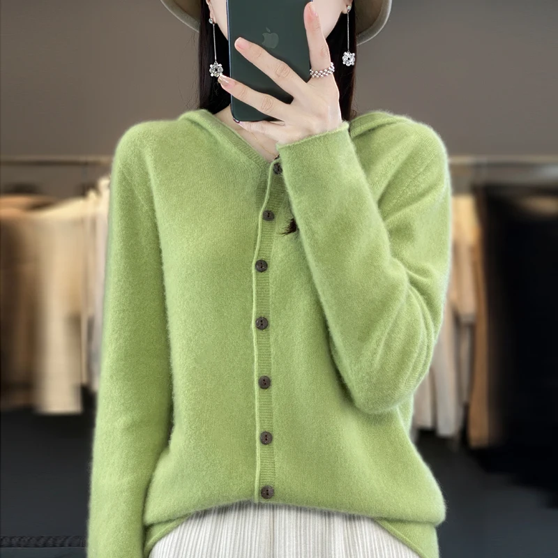 Autumn and winter new 100% pure wool cashmere sweater women\'s hooded cardigan casual sweater fashion solid color loose top