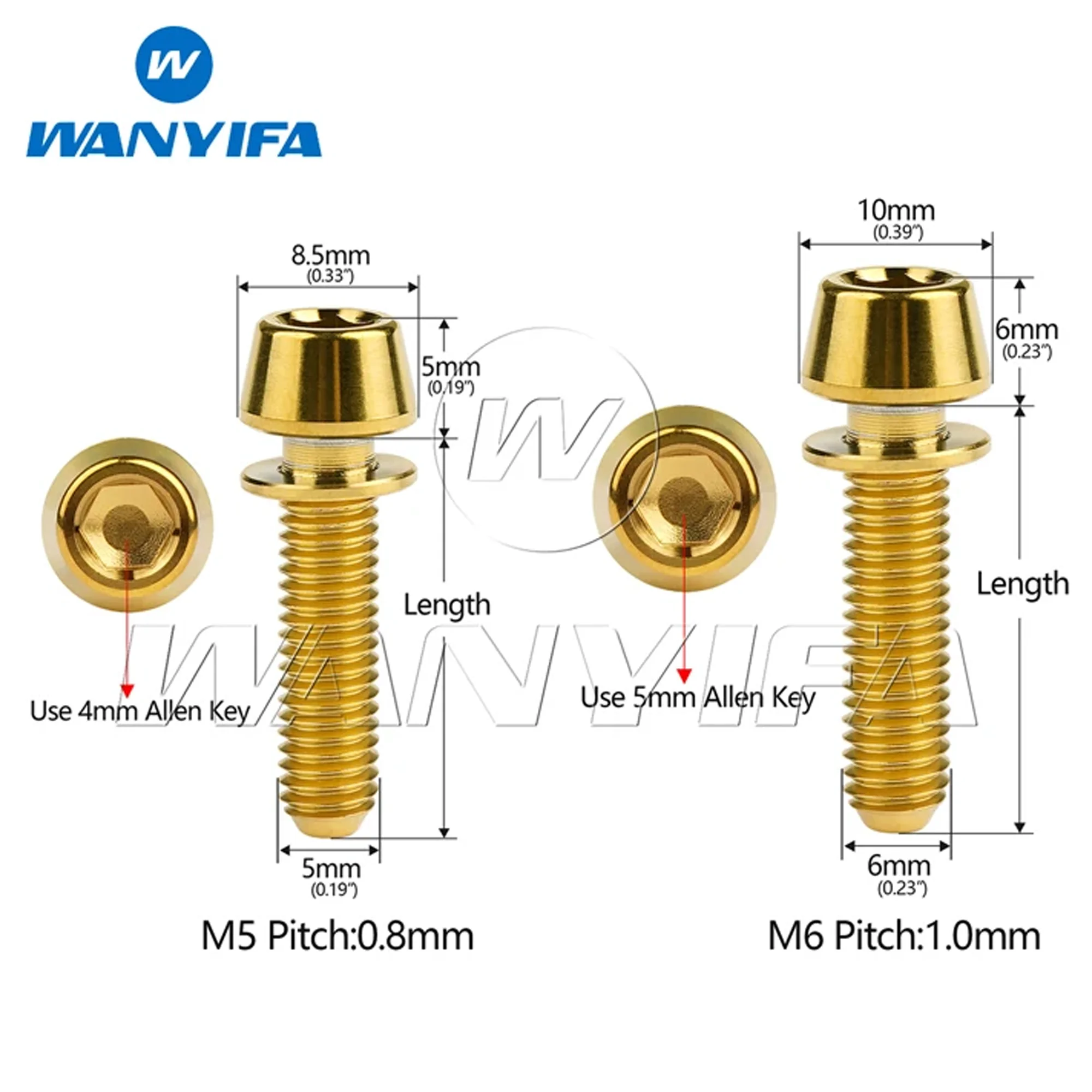 Wanyifa Titanium Bolts M5M6x16 18 20 25mm Bike Stem Bolts Taper Head with Washers for MTB Mountain Road 6pcs/lot