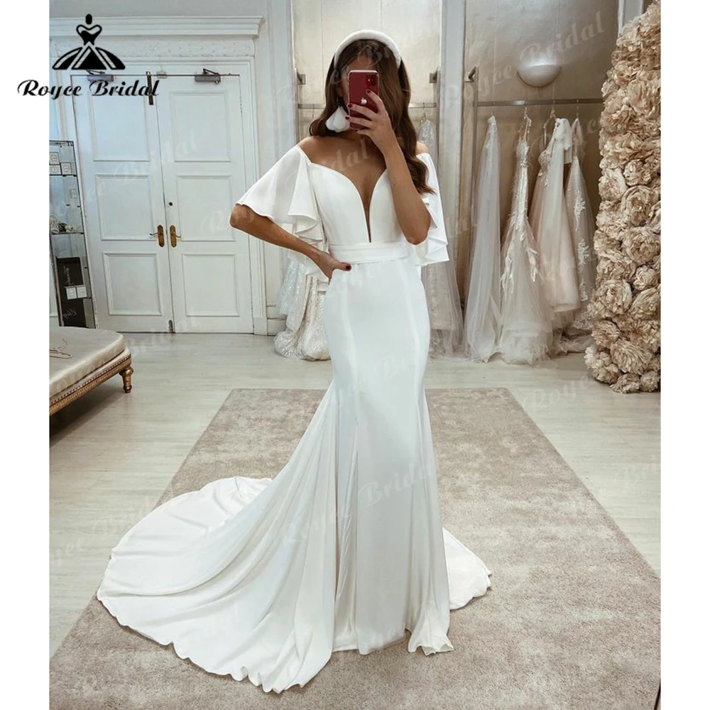 Einfache sexy V-Ausschnitt Flare Ärmel Falten Satin Meerjungfrau Brautkleid für Frauen Boho Brautkleid Sweep Vestidos de Novia Robe de