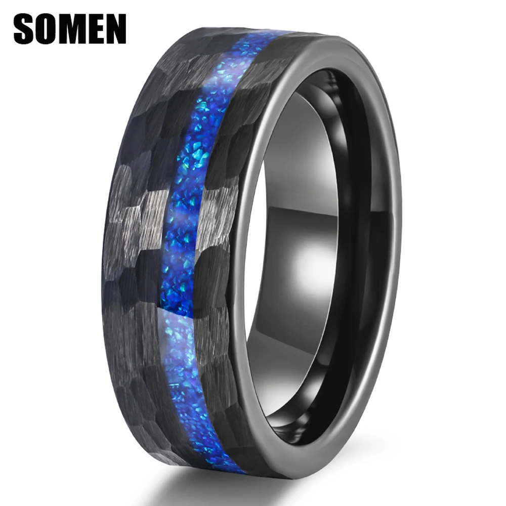 Somen 8mm Hammered Black Tungsten Wedding Band Ring For Men Blue Opal Inlay Promise Engagement Rings Fashion Jewelry Comfort Fit