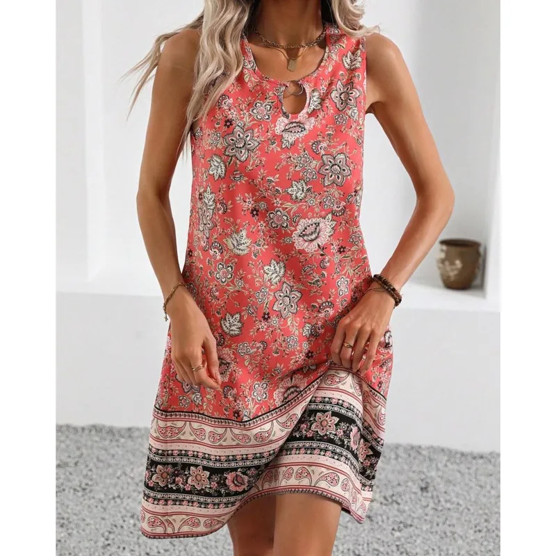 Dresses Summer 2024 Woman\'s Hollow Out O-neck Sleeveless New Floral Printing Slim Mini Vestidos Casual Elegant Ladies Streetwear