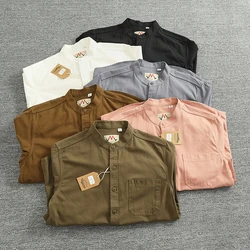 2024 Autumn New American Retro Long Sleeve Stand Collar Solid Color Shirt Men's Simple 100% Cotton Washed Pocket Casual Blouses