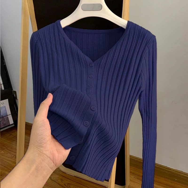 เสื้อคาร์ดิแกนถักแขนยาว คอวี เรียบหรู สไตล์เกาหลี สำหรับฤดูใบไม้ผลิและฤดูใบไม้ร่วง แฟชั่นเสื้อผ้าผู้หญิงสไตล์เกาหลี