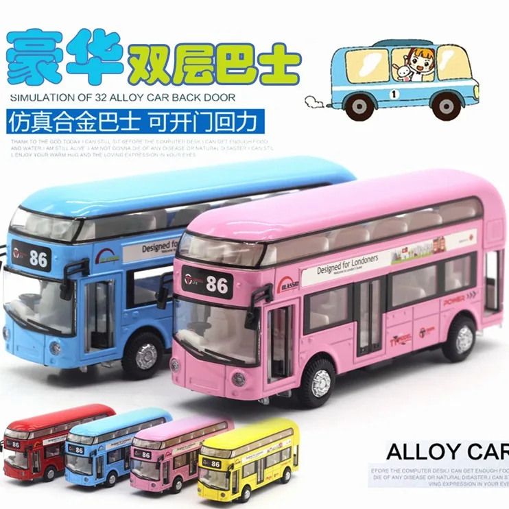 Ônibus turístico de camada dupla de liga, ônibus com ar condicionado, modelo de ônibus urbano, carro de brinquedo infantil com som e luz