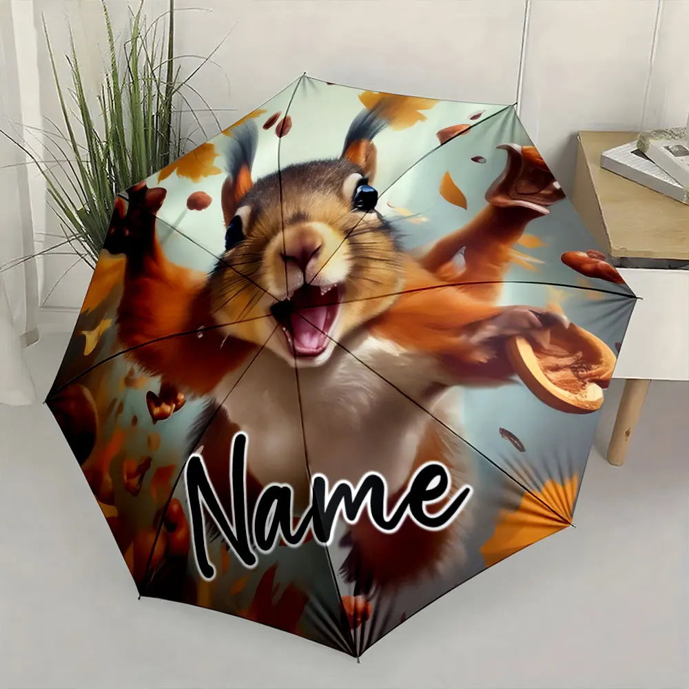 Custom Name Squirrel Umbrella with Autumn Design 8 Iron Ribs Folding Umbrella Auto-Open Fashionable Sunshade Deluxe Gift