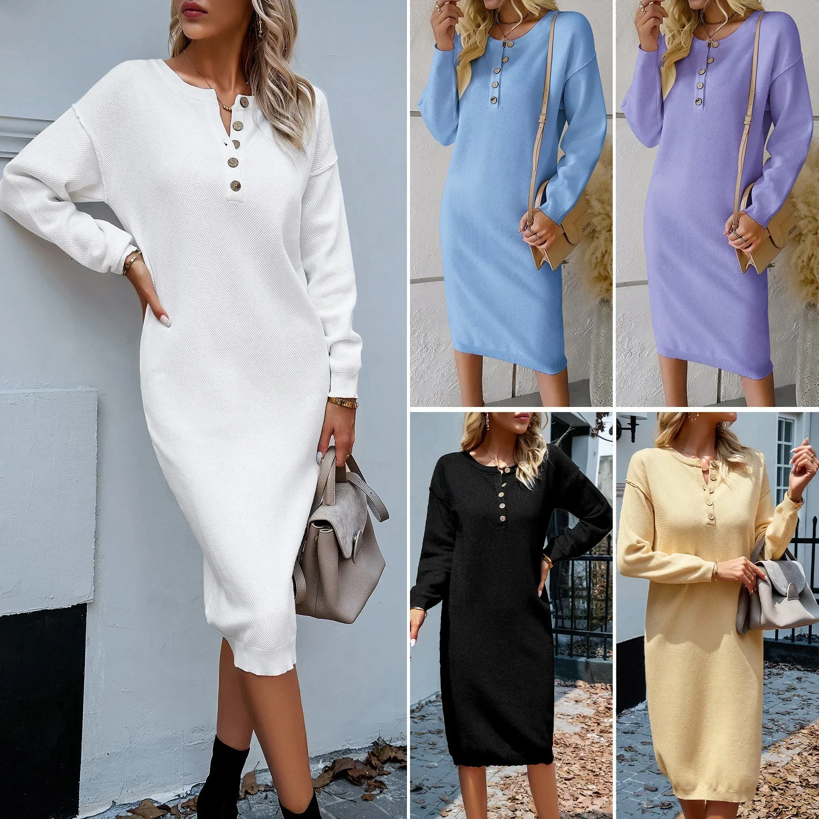 

LIBIELIY Autumn Winter Women's New Knitted Sweaters Dress Lady's Button V-neck Sweater Dressfemale Solid Long Sleeve Maxi Dress