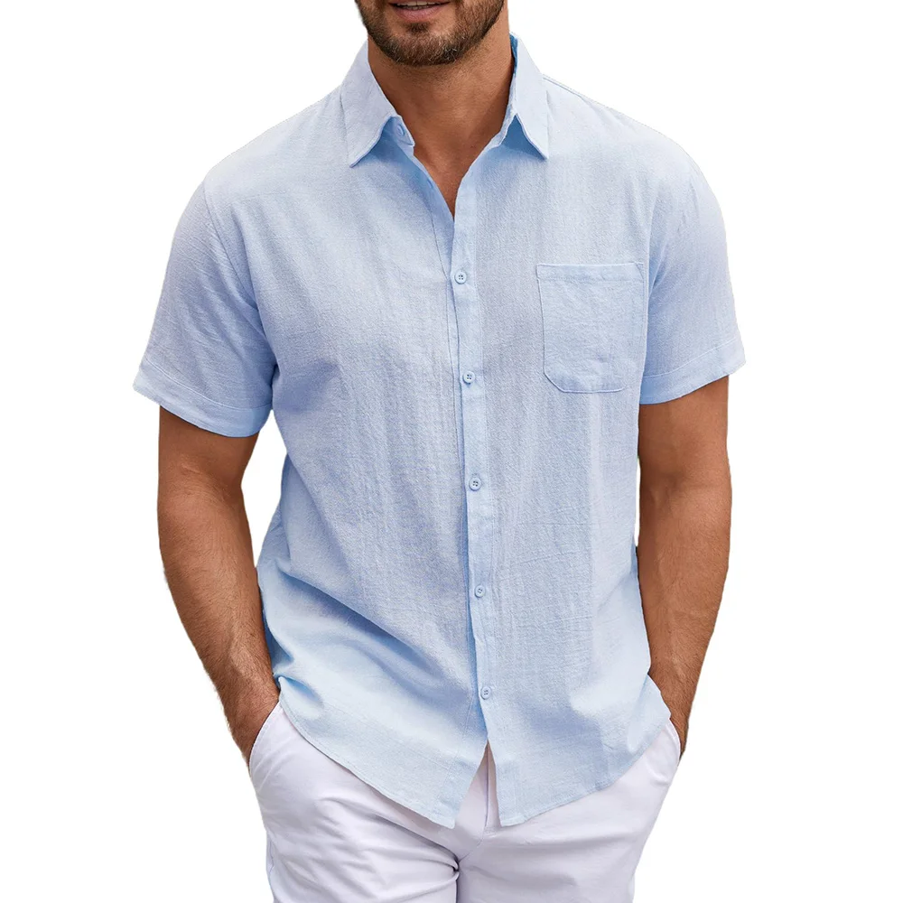 

Cotton Linen Shirt for Men Solid Color Short Sleeve Lapel Collar Breathable Lightweight Button Tops Male Casual Stylish Shirts
