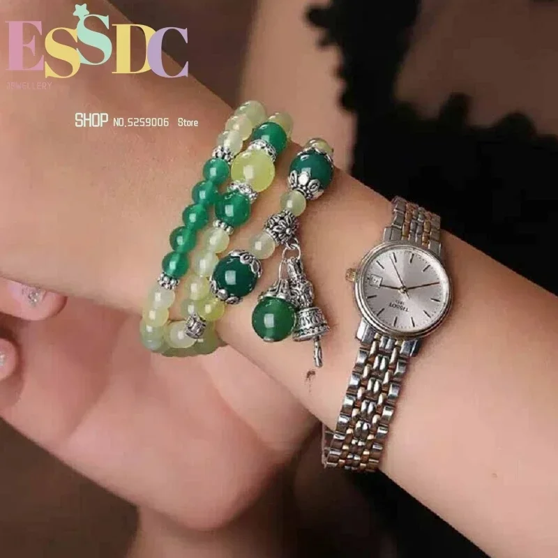 New Design Natural Green Grapes Onyx 108 Mala Bracelets Light Chalcedony Beads Tassel Hand String for Fashion Women Yoga