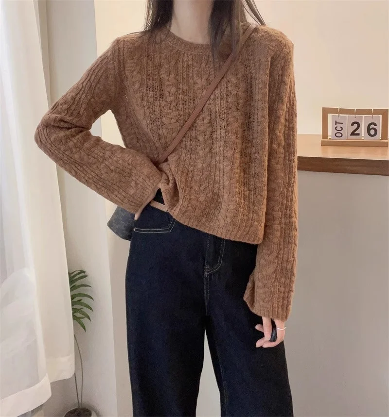 Women Pullover Soft Cable Knit Jumper Crop Plain Sweater with Long Sleeve Crew Neck Box-fit Teen-girl Fall Winter Basic Outfit