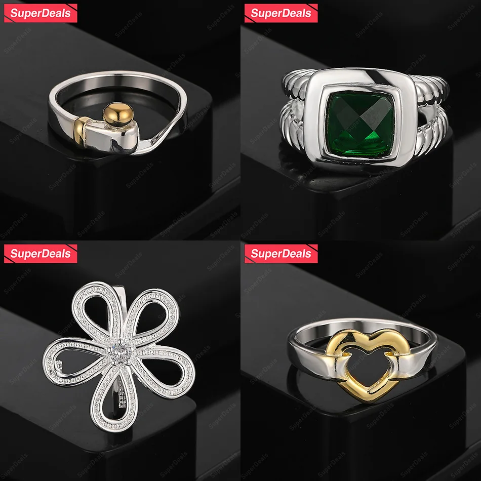 

SuperDeals 925 Sterling Silver Flower Gold Heart Square Zircon Round Ring For Men Women Fashion Charm Engagement Party Jewelry