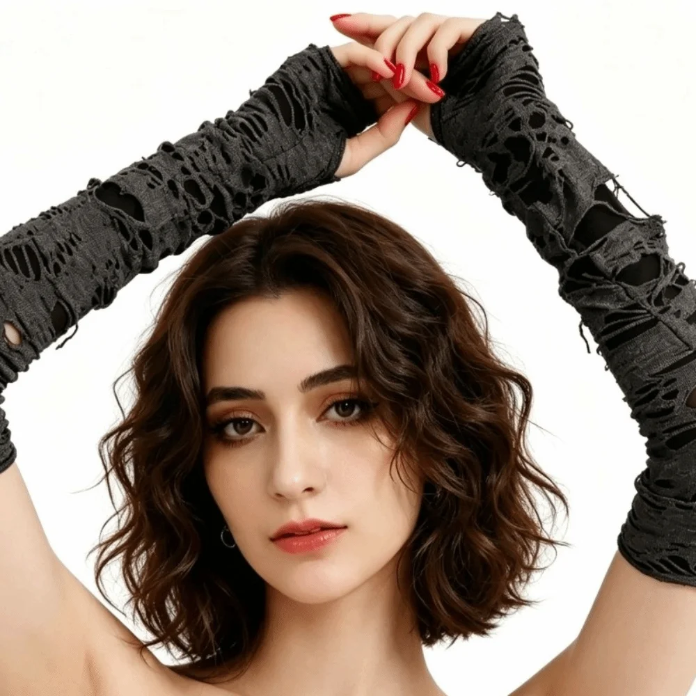 Long Punk Gloves Distressed Style Desert Wind Fingerless Arm Warmers Knit Material Lightweight Hollow Out Arm Sleeves