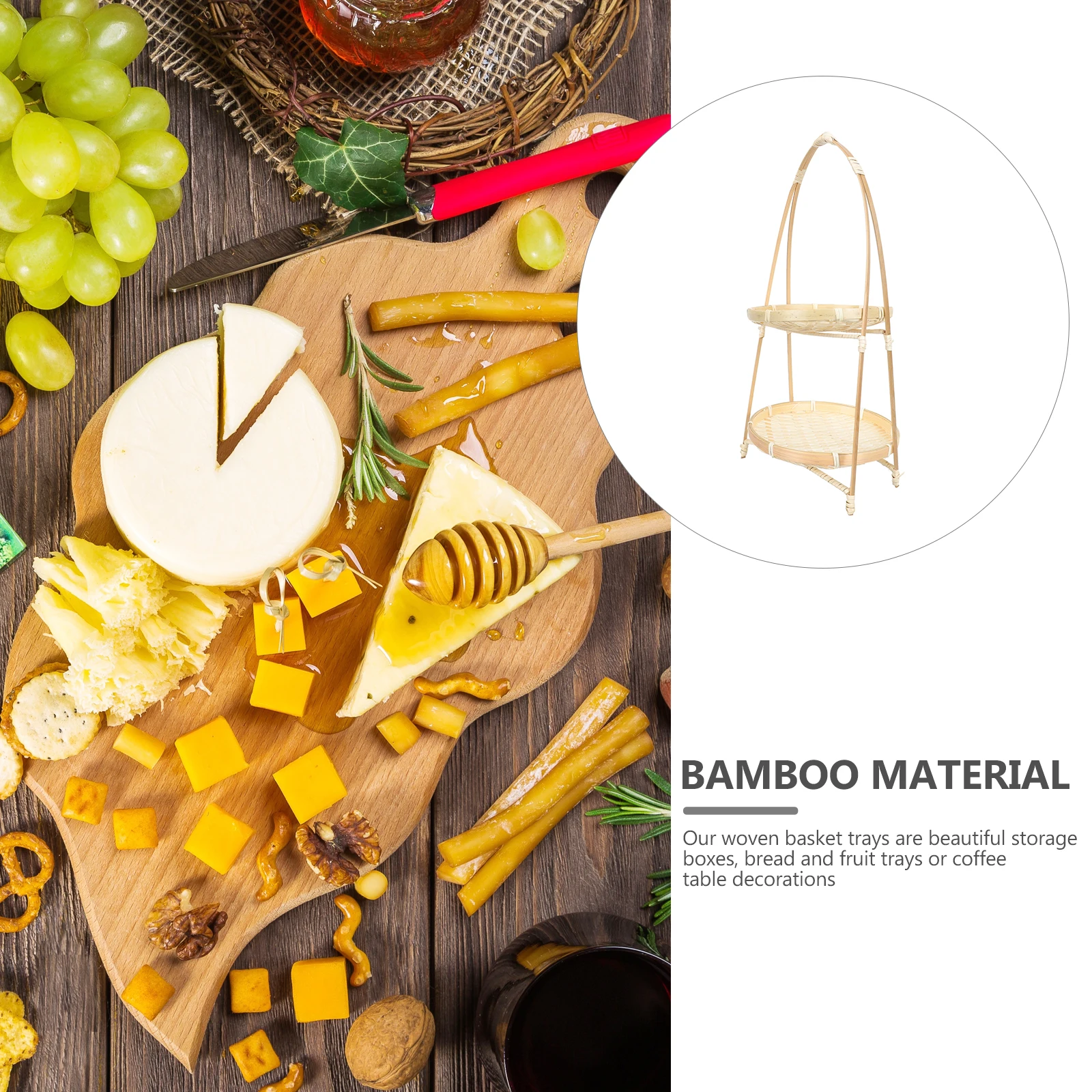 

Bamboo Woven Double-Layer Food Basket Kitchen Storage Tray Household Snack Container Vegetable Serving Tray Decorative Kitchen