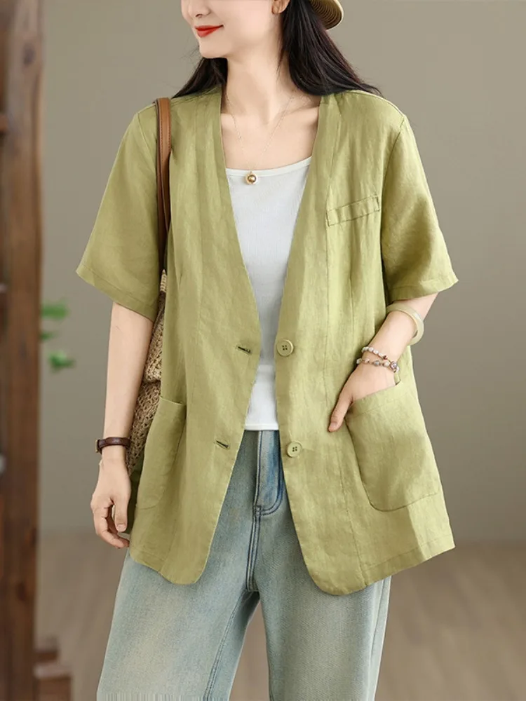 الرجعية القطن الكتان ort Sve دعوى Jaet المرأة الصيف رقيقة زر واحد سترة ملابس خارجية منتصف طول