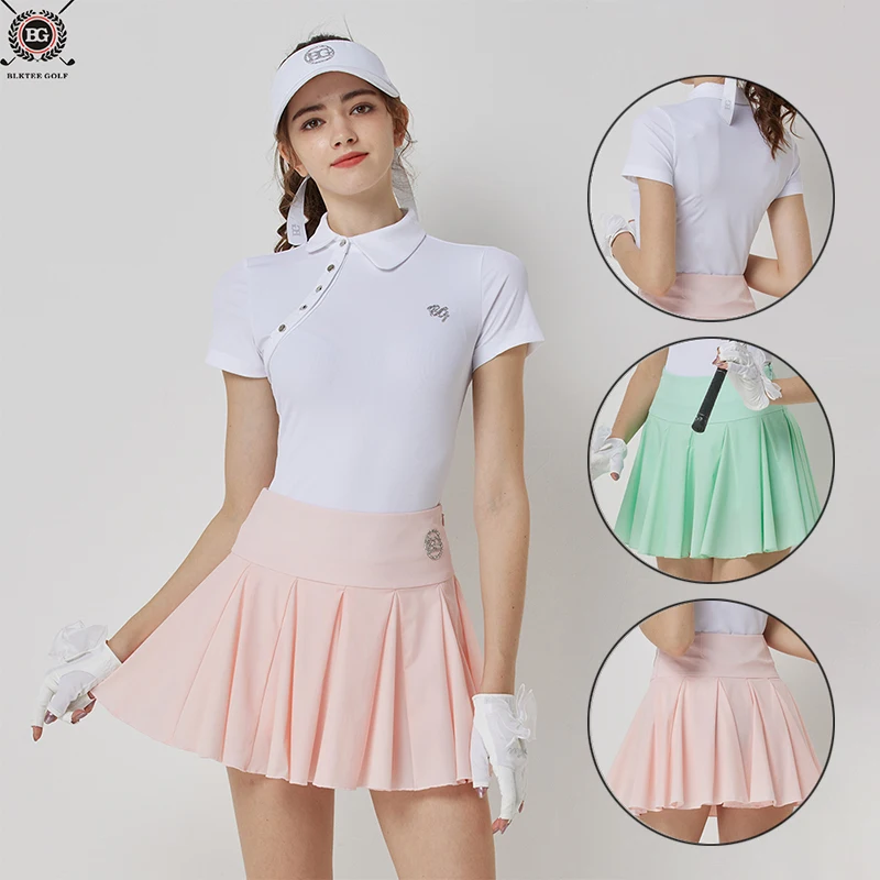 

Blktee Summer Mandarin Collar Golf Shirt Women Quick Dry Slim Golf Skirt Ladies Breathable High Waist Culottes Athletic Suits