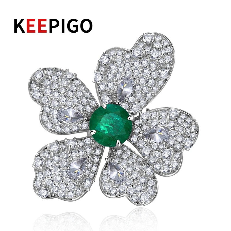 KEEPIGO S925 Sterling Silver Inside  8*8mm Emerald Super Luxury Flower Ring For Women Sparkling Wedding Party Fine Jewelry ra116