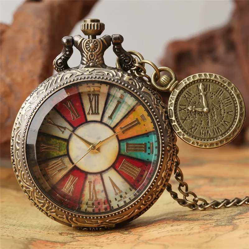 Relojes de esfera coloridos antiguos para hombres y mujeres, reloj de bolsillo de cuarzo y bronce con número romano, brújula Colgante con cadena de collar