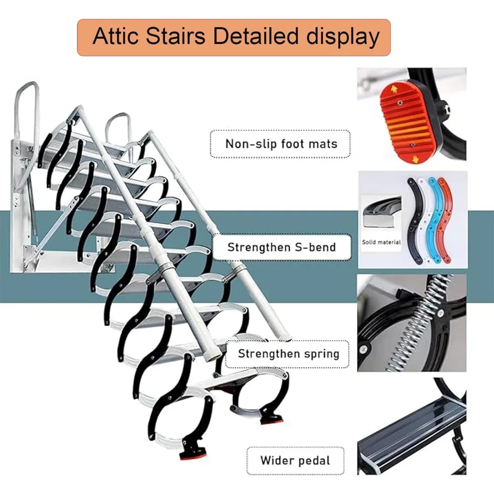 سلالم علية قابلة للطي مثبتة على الحائط: سلم علوي قابل للسحب بطول 11 خطوة وأوسع 4 بوصة مع درابزين مزدوج للوصول إلى الارتفاع #6
