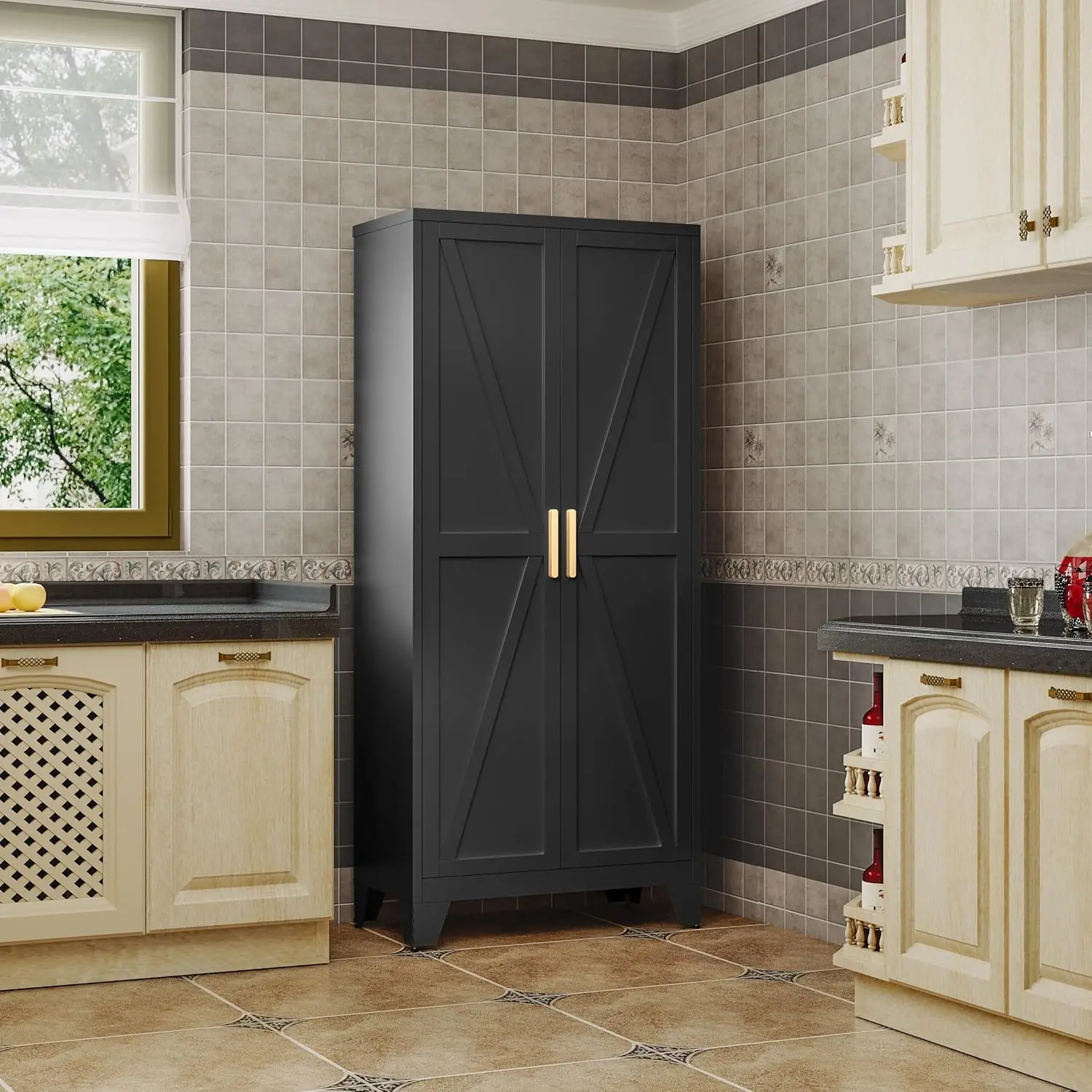 

Large Metal Kitchen Pantry Cabinet with Adjustable Shelves - Freestanding Kitchen Storage Cabinet for Dining Room,Living