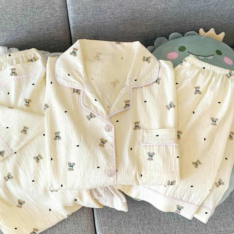 Korean-Style Teddy Bear Sweet Heart Ruffled  Pajamas for Women, Summer High-End Home Wear, Short Sleeve Three-Piece Set