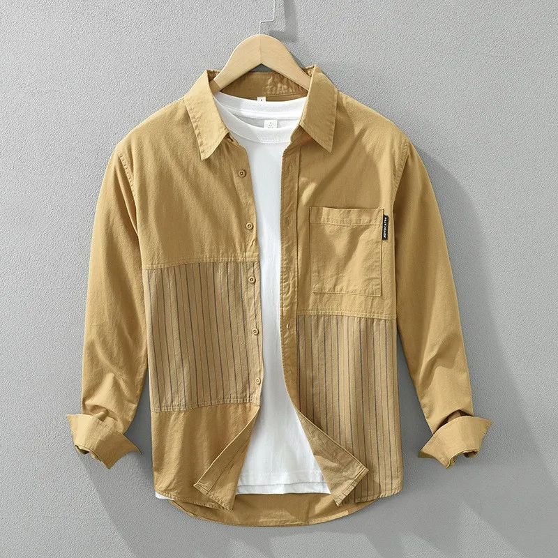 

Модная мужская рубашка свободного кроя с длинным рукавом, в полоску, с элементами пэчворка, из хлопка, повседневная, весна 2024, стильная рабочая одежда для молодежи