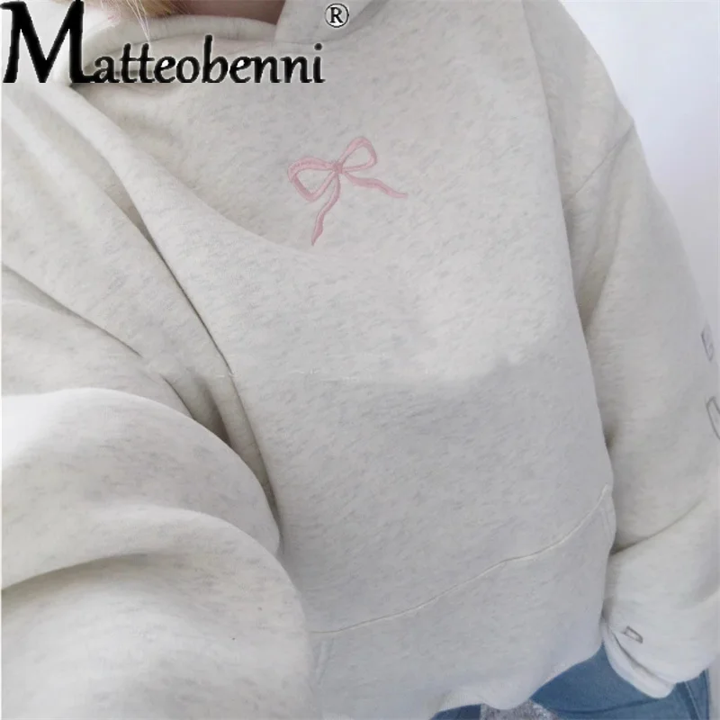 

Autumn American Retro Trend Hoodie Women Bow Print Hooded Fashion Sweatshirts Long Sleeve Top Drawstring Loose Grey Hoodies 2025