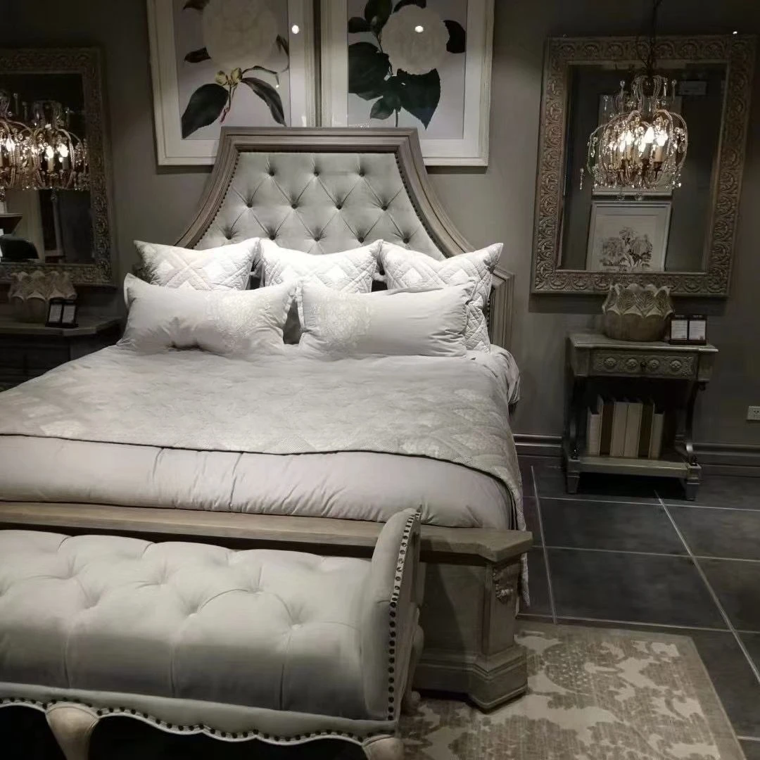 North American architectural revival bedroom solid wood retro pull button wedding bed French engraved old double bed furniture