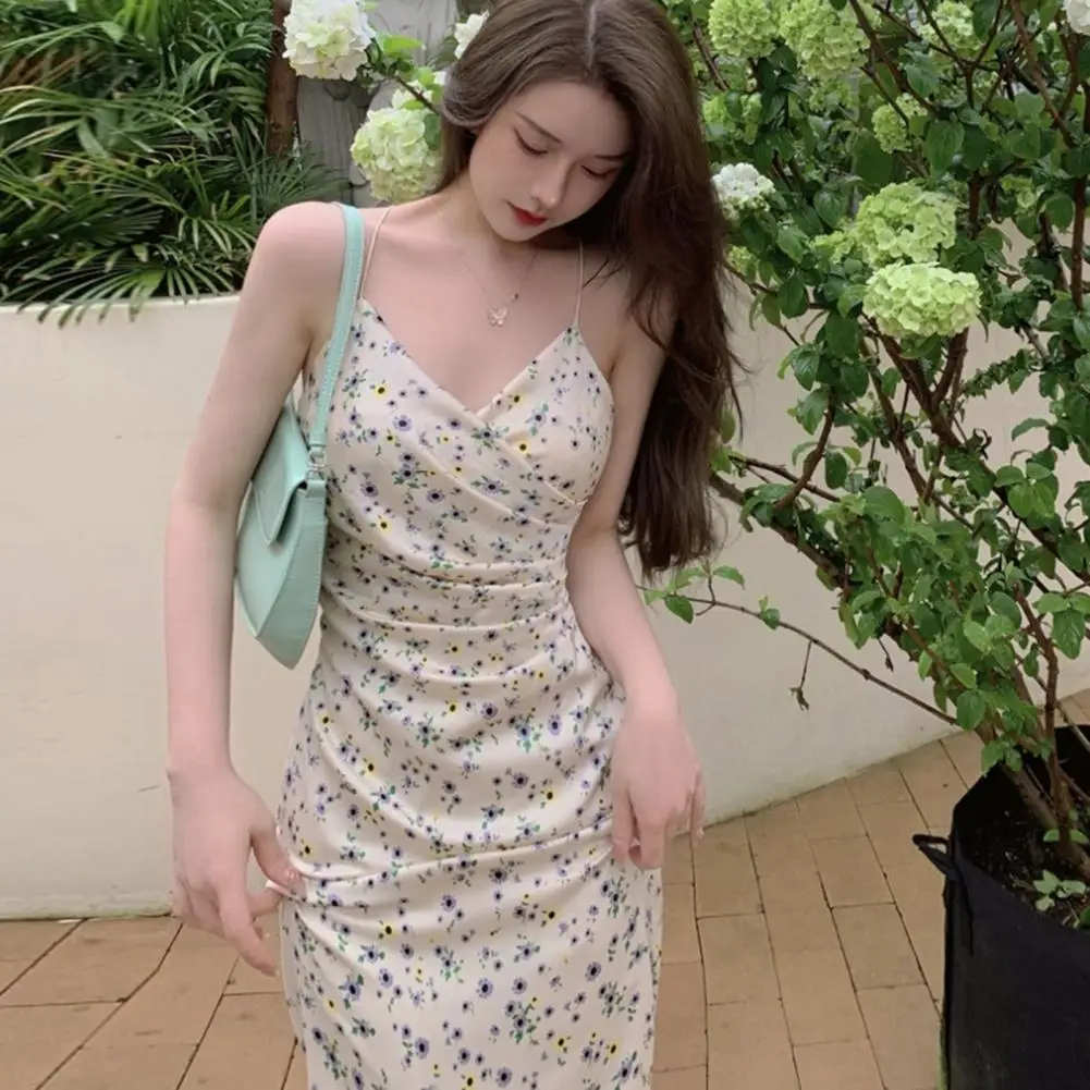 Korean Fashion Flower Print Party Dress Summer Spaghetti Strap Midi Dress Sexy Bandage Low Cut Beach Vacation Dress Vestidos