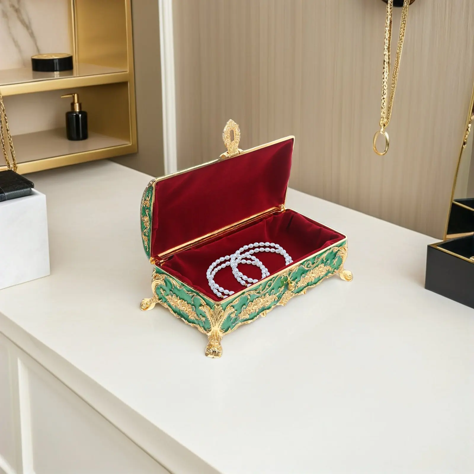 Vintage European Style Jewelry Box Footed Small Metal Trinket Organizer Jewelry Storage Box Dresser Accessory Case