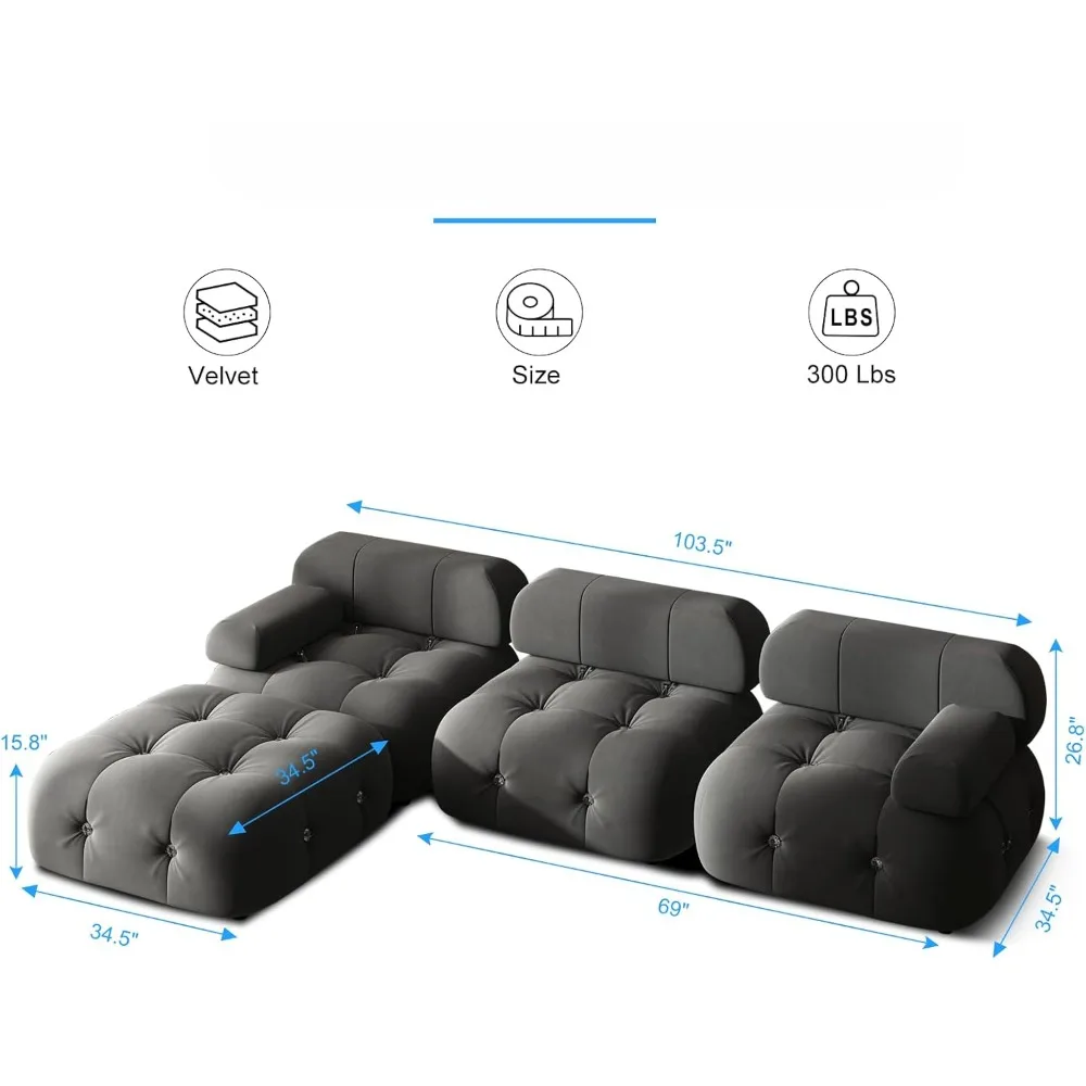 Sofa Velvet Bubble Convertible Modular Sectional Couch, Modern L Shaped 3 Seater Bubble Sofa,for Living Room Bedroom Apartment