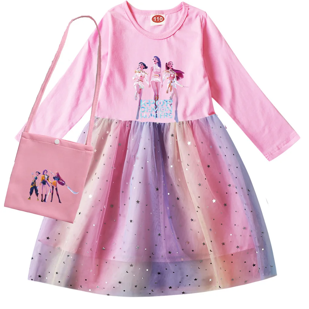 

K-Pop Rumi Zoey Mira Demon Hunters Cosplay Kids Long Sleeve Causal Dresses + Bag Baby Girls Fancy Wedding Party Princess Vestido