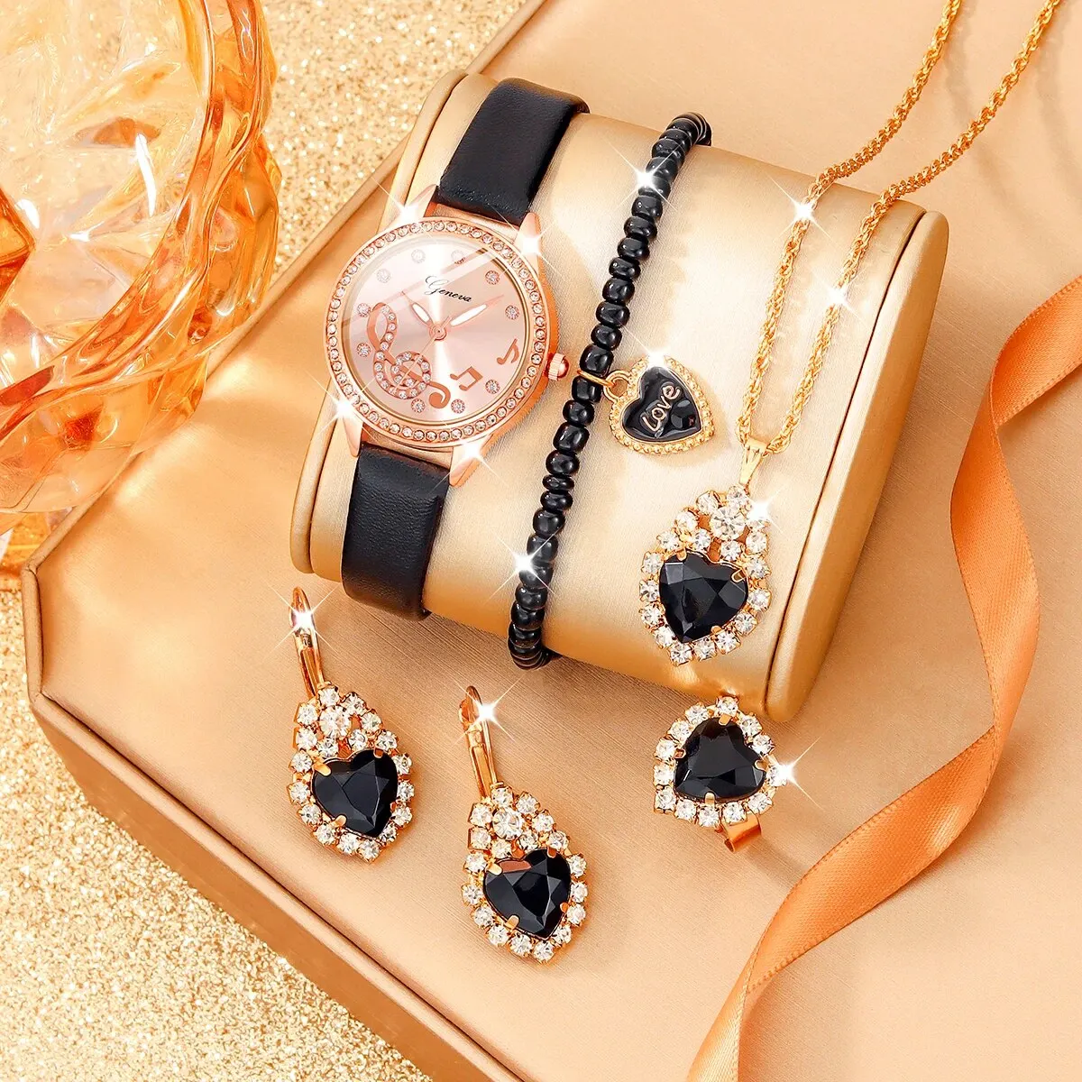 6Pcs Ladies Fashion Simple Designer Star Rune Rhinestone Leather Strap Quartz Watch Luxury Rhinestone Love Jewelry Set