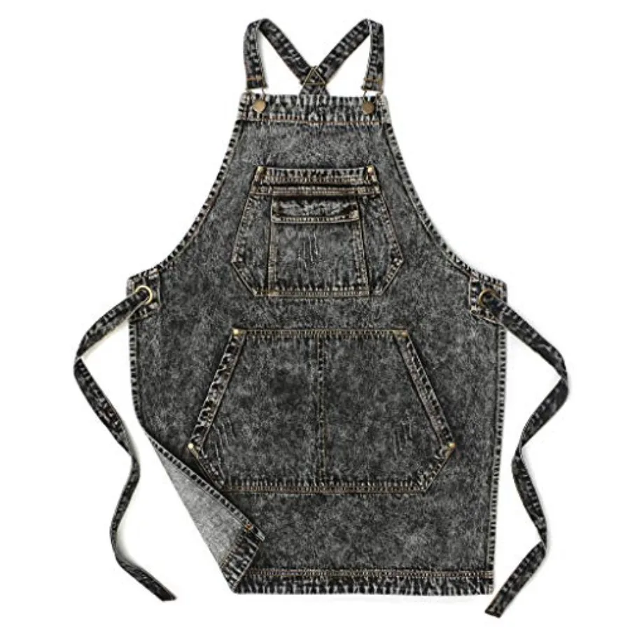 

- Denim Apron with Pockets for Hair Stylist Gardening Craftsmen Barista Women Hairdresser Jean Work Apron Cross Straps and Adju