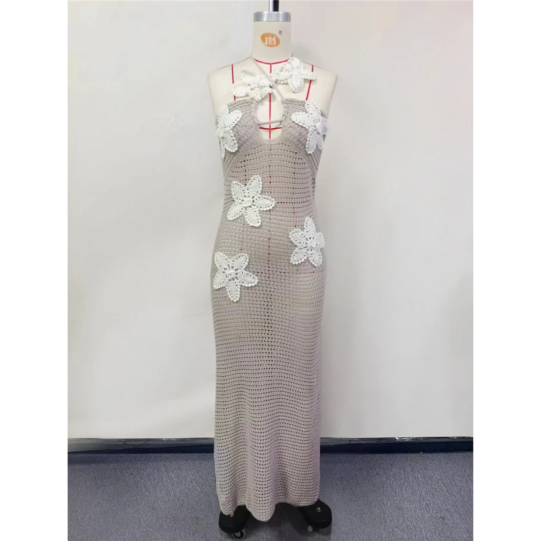 S XL 3D-Blumen Neckholder Rückenfreies Häkel-Strick-Tunika Strandkleidung Strandkleid Strandmode Strand-Cover-Up Damen V6216 – Detail 9