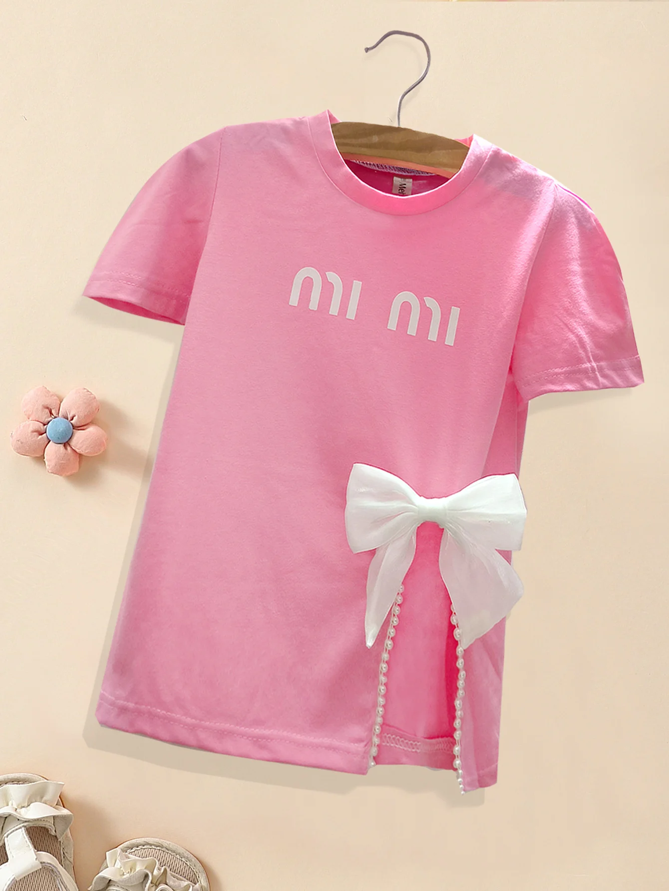 Chic Summer Street Style Mid-Length Girls' T-Shirt, Bow-embellished slit design Children tops for Tween Girl 3-12 Years image 5