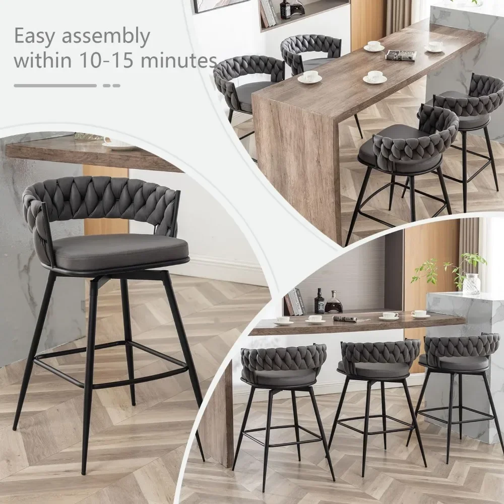 Counter-Chaises de Bar Modernes de 26 Pouces avec Dossier Tissé, Piste à 360 ° pour Kitchen Island, Ensemble de 6