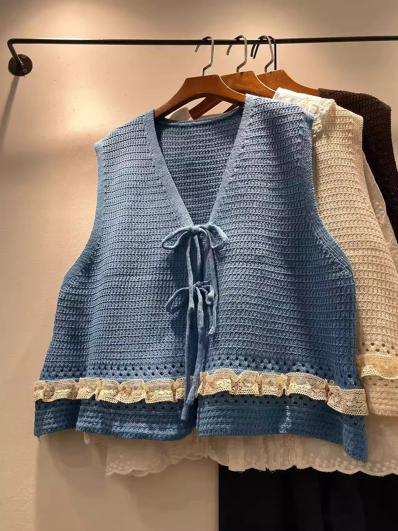 

Enianechu Mori Kei Clothing Japan Style Beige Blue Coffee Lace Patchwork Sweater Vest for Women Winter Sleeveless Cardigan